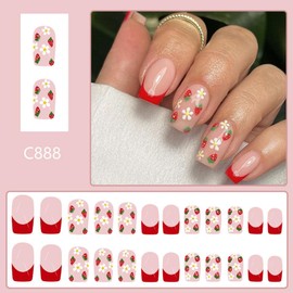 Red French Tip Press on Nails Short Square Stick on Nails with Flower Daisy Designs Strawberry False Nails Spring Fake Nails Glossy Reusable Summer Artificial Nails for Women Girls Manicure 24Pcs