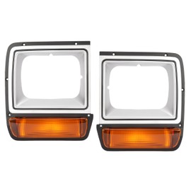 HECASA Headlight Bezel w/Turn Signal Light Compatible with 1986-1990 Dodge D100 Ramcharger W100 Replacement for 4249810 4249811 Headlamp Door Bezel Trim Kit Set L&R Side Yellow Lens Silvery Bezel