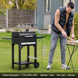 MASTER COOK Charcoal Grill with Two Side Tables, Heavy-duty Steel Barbecue BBQ Grill for Outdoor Picnic Backyard Patio and Parties, 43"*38"*17"