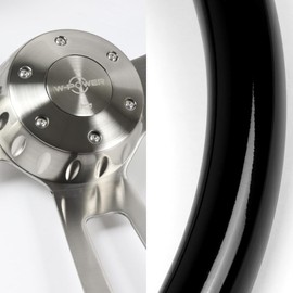 RACING9SPEED W-POWER Universal 17" 432MM 2.5" Deep Dish 5-Hole 3-Spoke Steering Wheel w/Horn Button, Car Mods Interior Accessories, Auto Replacement Parts Assembly (Billet Center/Black Wood Grip)