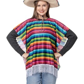 Mexican Serape Poncho Costume for Women Cinco De Mayo Mexican Fiesta Ponchos for Adults and Kids (Colorful Adult Short Size)