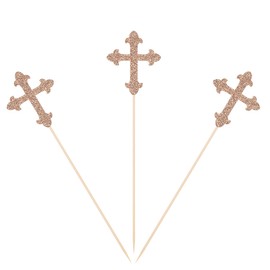 Rose Gold Glitter Cross Centerpiece Sticks for Baptism Christening Party Table Toppers Flower Decorations - Pack of 10