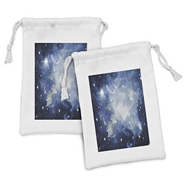 Ambesonne Constellation Fabric Pouch Set of 2, Blue Galaxies in Night Sky Celestial Image Stars Fog, Small Drawstring Bag for Toiletries Masks and Favors, 9" x 6", Pale Blue Dark Blue