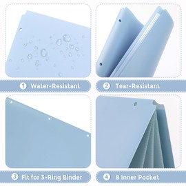 Plastic Pocket Folders，2 Pockets and 3 Dividers, Letter Size – Fits 3-Ring Binders – School Folders for Students & Office Use – Black & Haze Blue