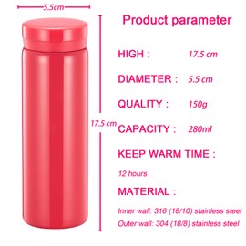 Small Thermos Flasks Stainless Steel - Cute Water Bottle, Vacuum Insulated Bottle for Hot and Cold Drinks (BPA Free, Carnation Red, 280 ml)