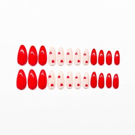 Valentines Day Press On Nails Medium Almond Fake Nails, Gel Made Solid Color Red with White Heart Design Glossy False Nails Cute Valentine's Day Acrylic Nails Full Cover Glue on Nails Kit 24Pcs