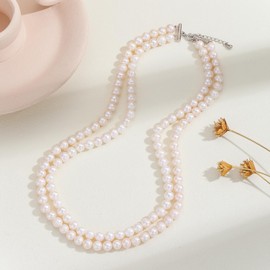 Pearl Vibe Pearl Vibe AAA+ Quality Freshwater Pearls Necklace for Women | 6.5-7mm Round White Pearls with 925 Sterling Silver Chain - 18-19 inch Double Strand Pearl Necklace