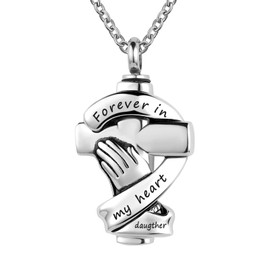 YSAHan Cross Urn Necklaces for Ashes Praying Hands Cremation Memorial Stainless Steel Pendant Jewelry Forever in My Heart with Daughter