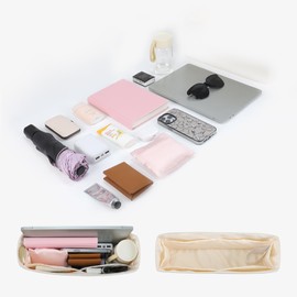 ArcDiary ArcDiay Pocket Organiser, Handbag Organiser, Multi Pocket Design, Foldable, Handmade of Nylon and Satin, Silky and Smooth, Can be Used for Many Bags (Slender Large-Craie)