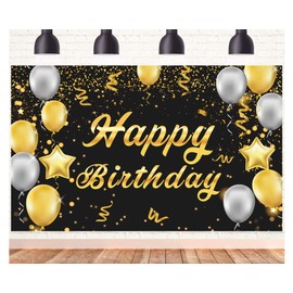Happy Birthday Banner, Birthday Decorations Black Gold,Party Backdrop Banner Fabric Banner for Men Women Birthday Photo Backdrop,Photography Background,Outdoor Garden Table Wall Decor