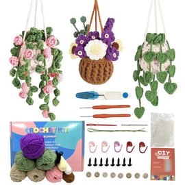 Crochet Kit for Beginners,3PCS Hanging Potted Plants Crochet Starter Kit with Instructions and Video Tutorials, Crochet Potted Flowers,Complete Crochet Set for DIY Handcrafts Supplies Chirstmas Gift