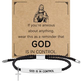 JIANZHEN God Is In Control Bracelet Inspirational Bracelets For Women Men Adjustable Braided Stainless Steel Engraving Tube Cross Bracelet Faith Christian Birthday Festival Gifts Jewelry (Black Silver)