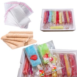 400 Pcs Popsicle Sticks and Clear Self-Adhesive Cellophane Bags Set, 200 4.5'' Standard Sized Popsicle Sticks, 200 5.9'' x 3.9'' Self-Sealing Cello Bags for Summer Party, Popsicles Molds Accessories
