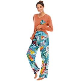 Famulily Ladies Pjs Size 14/16 Cotton Floral Printed Two Piece Pajamas Homewear Lounge Wear Sets Orange S