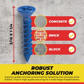 Qualihome - Anclaje de tornillo de hormigón de 3/16 x 1-1/4, cabeza Phillips plana, punta de diamante, tornillos de hormigón azul duraderos, tornillos de anclaje de hormigón resistentes para una