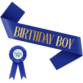 Birthday Boy Sash Badge, Satin Sash and Blue Birthday Boy Badge 2Pcs Birthday Party Favour Accessories Set for Boys Men - Blue