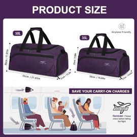 FIORETTO 50L Mens Sports Gym Bag with Wet Pocket & Shoe Compartment,Travel Duffle Bag Overnight Bag with Padded Shoulder Strap, Water-Resistant Sports Holdall for Swimming, Basketball Purple
