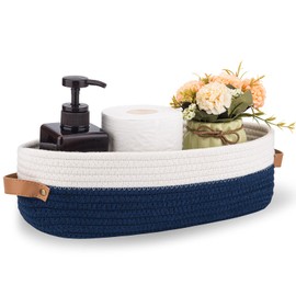 Oradrem Toilet Basket,Woven Storage Basket for Toilet Tank Top Farmhouse Home Decor Organizing Baskets 13"x5.9"x4" Navy Stitching White