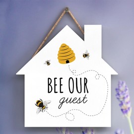 Global Designs Bee Our Guest Bee Themed Decorative Wooden House Shaped Hanging Plaque