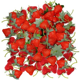 ADWYOBB 100PCS Plastic Artificial Red Strawberries, Fake Strawberries Décor, Lifelike Fruit Plastic Strawberries for Home Kitchen Party Decor Photography Prop