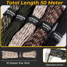 SaiXuan 50 m Paracord Rope 4 mm, 5 Pieces x 33 ft, Holds up to 250 kg, 7 Core Strands, Nylon Rope Paracord Made of Tear-Resistant 100% Nylon, for Outdoor Survival, Camping, Hiking, DIY Paracord