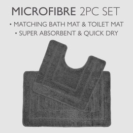 Allure Non Slip Bath Mat Set 2 Piece Bath and Toilet Mat Set - Easy Care Super Soft Microfibre Pile (Dark Grey)