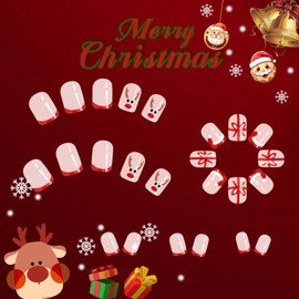 Vopintpy Cute Elk Christmas Press on Nails Short Square Fake Nails Red Santa Hat French Tip Acrylic Nails with Design Glossy Winter Xmas Glue on Nails for Women DIY Holiday Manicure