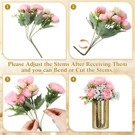 Suncalla 6 Sets Gold Cylinder Candle Vases Centerpiece with Flower for Table Artificial Peony with Baby's Breath Flowers Hurricane Candle Holder Mason Jars for Wedding Bridal Shower(Pink)