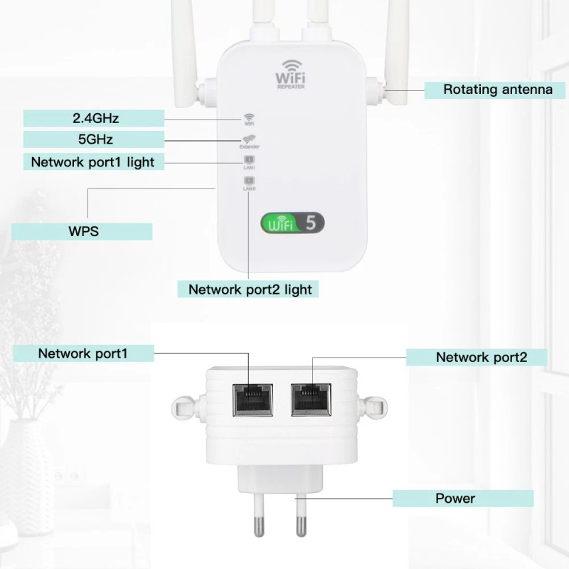 WiFi 5 1200Mbps Dual-Band Repeater - 2.4G/5G US Plug, Wireless