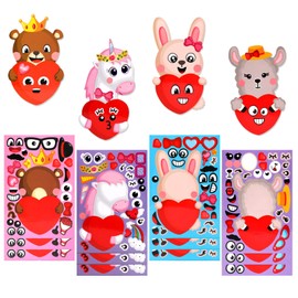 HOWAF Valentine's Day DIY Stickers 24 Sheets Valentine’s Day Make-a-face Stickers for Kids, Make Your Own Animal Stickers for Valentine's Day Party Favors