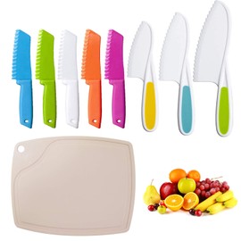 9Pcs Kids Knife Sets Plastic Knife,Kids Chef Nylon Knives Include 5 pcs Square knife, 3pcs Pointed knife,1pc Non-slip Plastic Cutting Board, Children's Safe Children's Safe Cooking For Fruit,Knife
