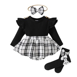 Eqenkely Infant Baby Girls 3Pcs Romper Dress Outfits Ruffle Long Sleeve Plaid Print Skirt with Headband and Socks Set Black 0-3 Months