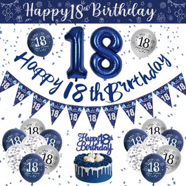 18th Birthday Decorations Boys, Blue and Silver Happy 18th Birthday Banner, Navy Blue and Sliver 18th Birthday Balloons, Confetti Balloons 18th Party Decorations for Boy, 18th Birthday Party Supplies