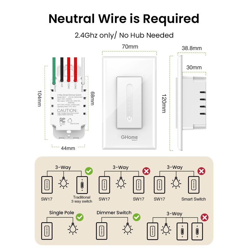 GHome Smart 3 Way Dimmer Switch, Dimmable Light Switch Works