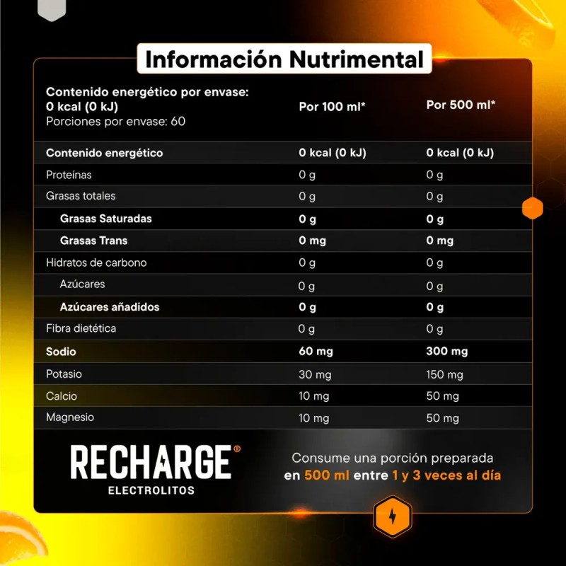 Recharge Electrolitos En Polvo 60 Porciones Sabor Naranja