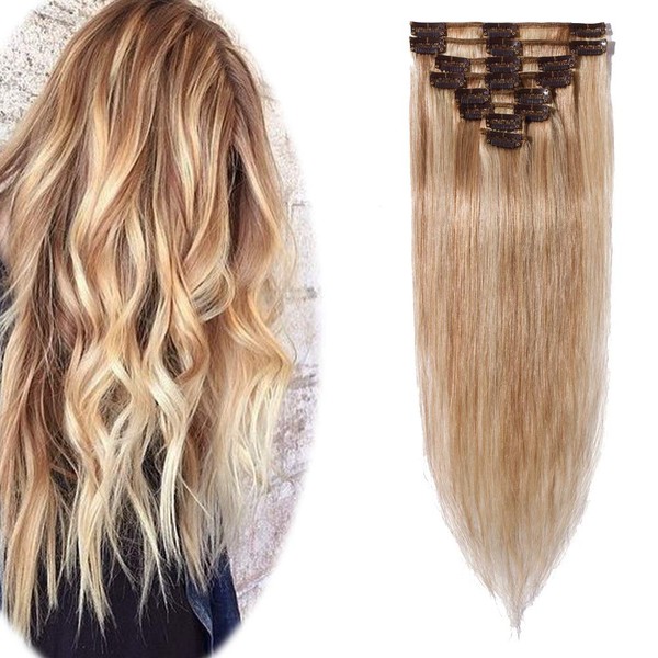Hairro Clip in Hair Extensions 100% Human Hair 18 Inch 70g Thin Standard Weft 8 Pcs 18 Clips Straight Hair for Women Beauty Gift Balayage #18P613 Ash Blonde Mix Bleach Blonde