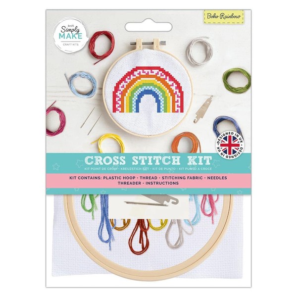Simply Make Adults Colourful Boho Rainbow Embroidery Craft Cross-Stitch Kit, Makes A Perfect Present for Creativity, Hobby Enthusiast, Ideal for Beginners First Starter Sets, Make Your Own DIY Crafts