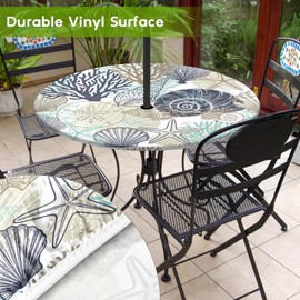 Britown Coastal Beach Round Outdoor Tablecloth with Umbrella Hole, Plaid Fitted Table Cover with Zipper, Waterproof Windproof Umbrella Table Cloth with Elastic(44''-48'')