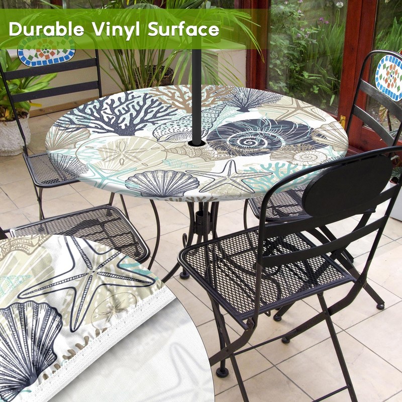 Britown Coastal Beach Round Outdoor Tablecloth with Umbrella Hole, Plaid