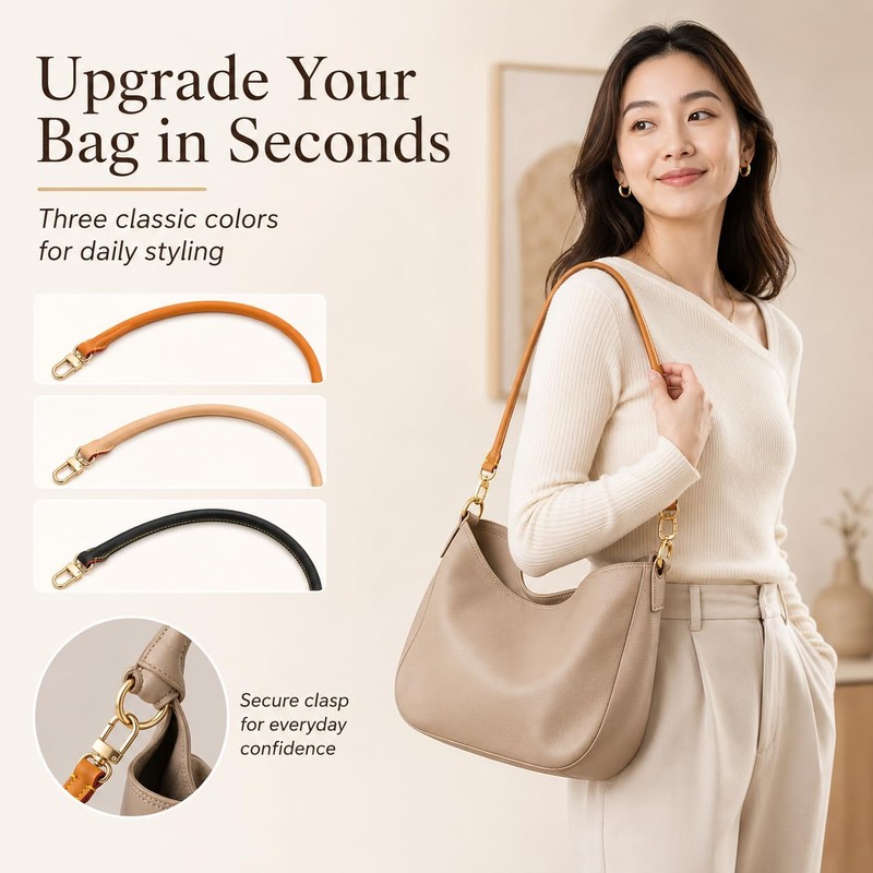 Genuine Leather Short Shoulder Strap Replacement, Brown Rolled Handle Compatible