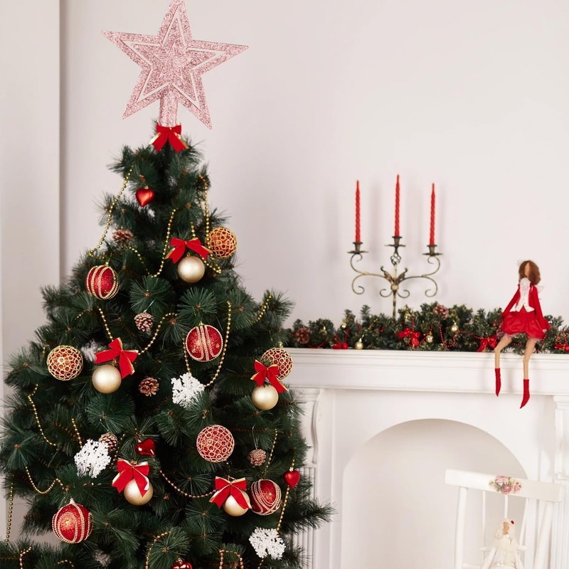 VEYLIN Christmas Tree Topper,20CM Gold Glittered Star Christmas Tree Topper
