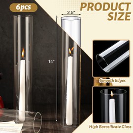 Treela 6 Pcs 2.5" W x 14" H Hurricane Candle Holder Sleeve Bottomless Glass Cylinder Candleholder Tall Candle Glass Cover Clear Open Ended Candle Shade Chimney Tube Cover for Lamp Pillar Taper Candle