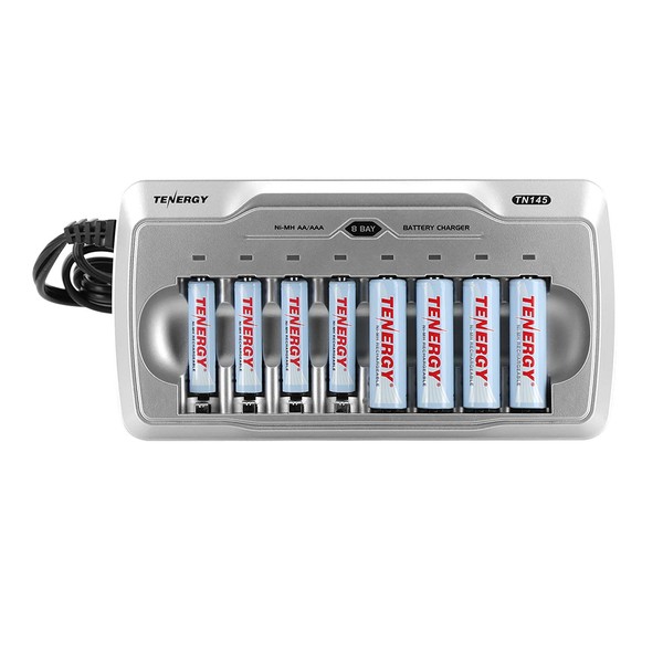 Tenergy TN145 8-Bay Charger and 4 Pack Rechargeable AA Batteries