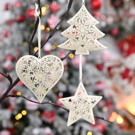 Valery Madelyn Christmas Tree Decorations 6pcs Metal Silver and White Christmas Hanging Ornaments Pendants Scandi Xmas Tree Decoration with Star, Tree, Heart-shaped Patterns (5 Inch)