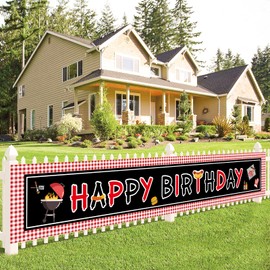 Happy Birthday Banner BBQ Birthday Decorations Pcninc Happy Birthday Sign For Yard Red Gingham Summer Picnic BBQ Party Supplies (9.8 X 1.6ft)