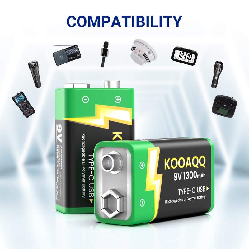 KOOAQQ 2-Pack Rechargeable 9v Batteries, USB-C Recharge with 2 in