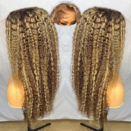32 inch 200 Density Honey Blonde 13x6 Deep Wave HD Transparent Ombre Lace Front Wigs Human Hair Pre Plucked 4/27 Highlight Jerry Curly Wet And Wavy 100% Human Hair Wigs For Black Women With Baby Hair