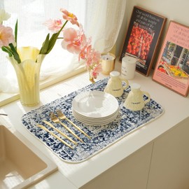 Blue Dish Drying Mat for Kitchen Counter, 18x24 Inch Blue White Boho Style Absorbent Dish Drying Pad Heat Resistant Mat Coffee Bar Mat Dish Drainer Rack Mat