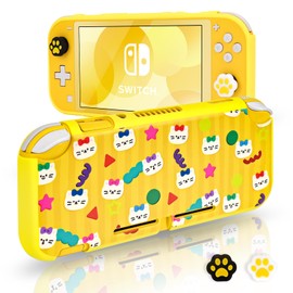 DLseego Protective Case Suitable for Switch Lite Console 2019, TPU Soft Shell Anti-Slip Shock-Absorption Protective Soft Games Case Accessories with 2 PCS Cute Cat Paw Thumb Grips Caps-Yellow Cat