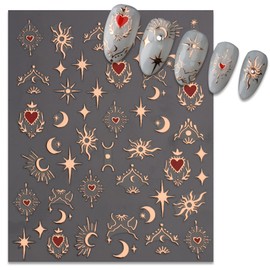 TailaiMei Valentine's Day Star Moon Nail Stickers, Self-Adhesive Golden Heart Nail Art Decals for DIY Nail Decorations (3 Sheets)